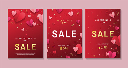 Valentine's day sale posters set with red and pink paper hearts and golden confetti on red background. Discount up to 50%. - Vector