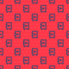 Blue line Safe icon isolated seamless pattern on red background. The door safe a bank vault with a combination lock. Reliable Data Protection. Vector.