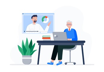 An old man is watching video lessons. Online education, e-learning, studying at home. Vector flat illustration.