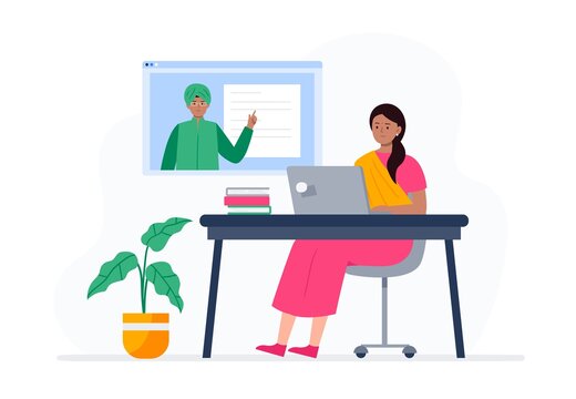 An indian woman is watching video lessons. Online education, e-learning, studying at home. Vector flat illustration.