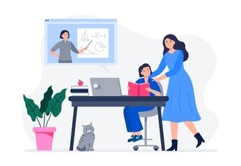 A mother helps her child do homework. Online education, schooling, courses, homework, quarantine. Flat style cartoon vector illustration.