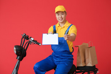 Courier of food delivery service on color background