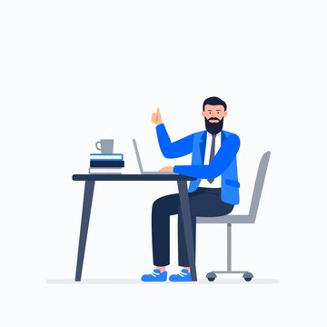 Happy businessman at work. Productivity at work, working at home or office, telework, freelance. Vector flat illustration.