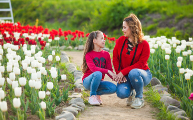 the mom with daughter among a field of wonderful tulips