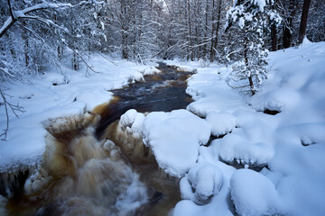 snow covered trees and frosty river