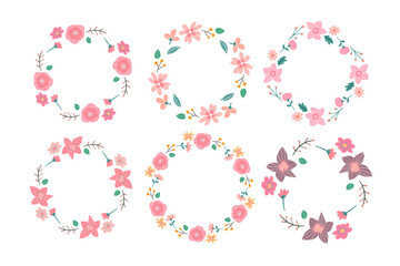 Floral Frame Collection. Set of cute retro flowers arranged un a shape of the wreath perfect for wedding invitations and birthday cards