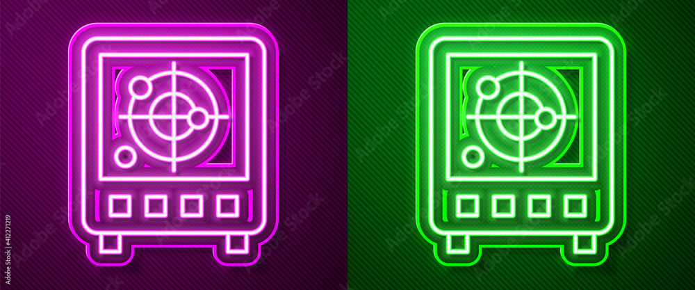 Poster glowing neon line radar with targets on monitor in searching icon isolated on purple and green backg