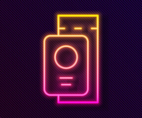 Glowing neon line Passport with ticket icon isolated on black background. Identification Document. Concept travel and tourism. Vector.
