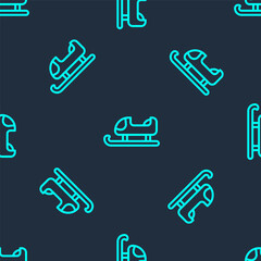 Green line Sled icon isolated seamless pattern on blue background. Winter mode of transport. Vector.