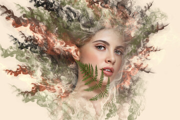 Portrait of a young brunette woman with an illustration of smoke
