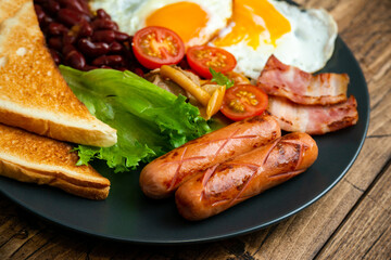 Rustical breakfast eggs, sausages, vegetables