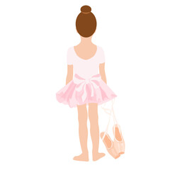 Small ballerina girl in pink tutu with pointe shoes, back view, theatre, posing, vector ballet