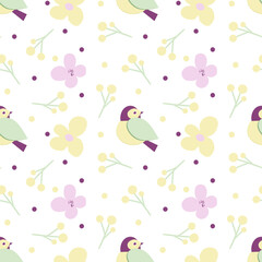 Vector seamless cute floral pattern with bird and leaves and mimosa flower in pastel colors for fabrics, paper, textile, gift wrap isolated on white background