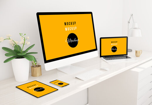 White Home Office with Responsive Devices Mock Up
