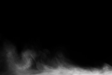 Blur white water vapour on isolated black background. Abstract of steam with copy space. Steam flow. Smoke on white background.