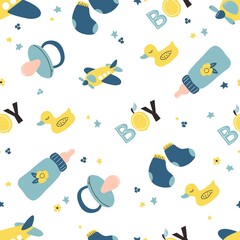 Seamless pattern Nursery baby boy. Icons of baby items.