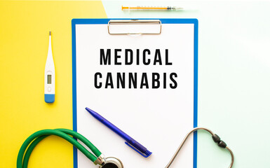 MEDICAL CANNABIS text on a letterhead in a medical folder on a beautiful background.