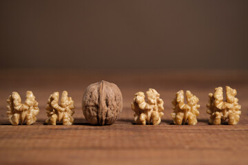 Row of walnut, five peeled and one in the shell on brown wooden table. Concept image with balance in Earth tones.