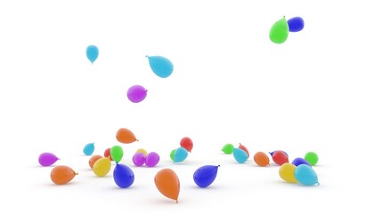 Balloons fly and fall to the floor. Isolated white background