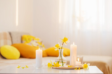 Fototapeta na wymiar spring flowers in vase on modern interior