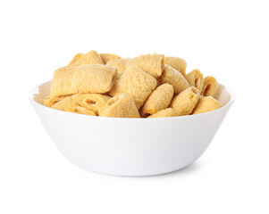 Tasty breakfast cereals in bowl on white background