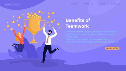 Benefits of teamwork, work success, business triumph concepts multiethinc male and female characters. Flat cartoon vector illustrtation. Website, webpage, landing page template or layout.