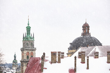 Dominican Church and Dormition Church in Lviv in winter