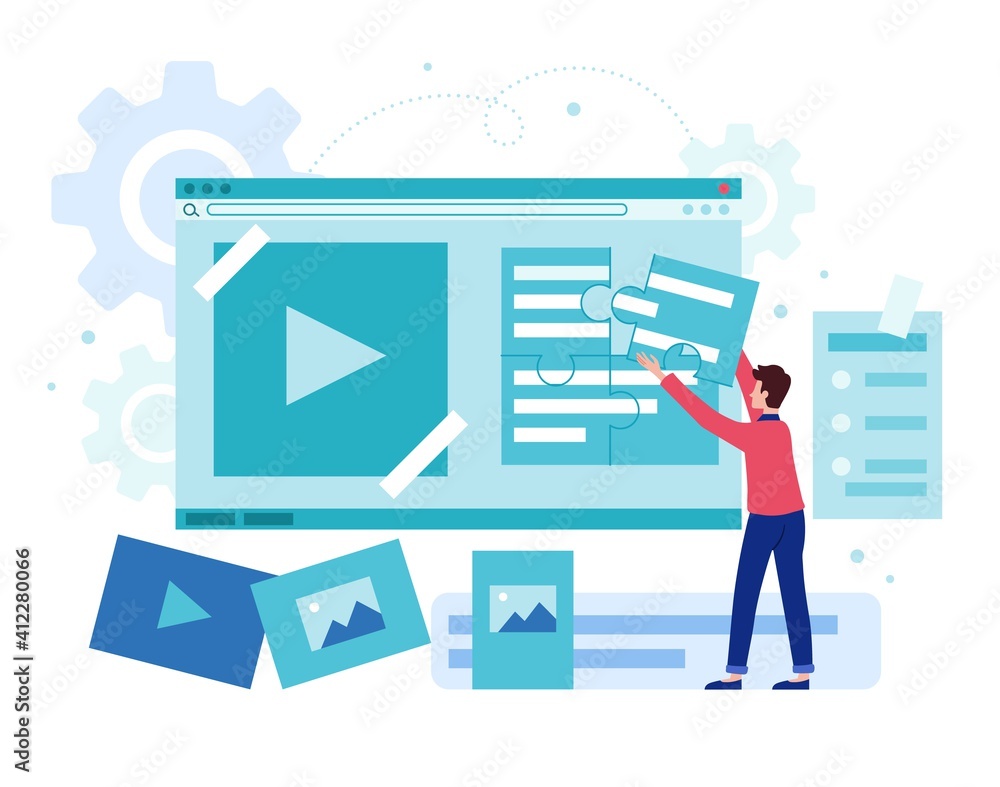 Poster digital content creation and management concept. man adding information on website. internet publica
