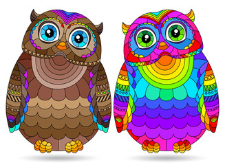 Set of illustrations in stained glass style with abstract owls, animals isolated on a white background