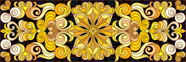 Illustration in stained glass style with floral ornament ,imitation gold on dark background with swirls and floral motif