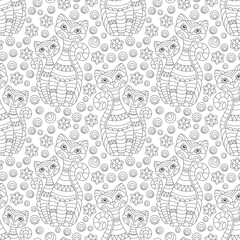 Seamless pattern with contour cats and flowers in stained glass style, outline cats on a white background