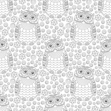 Seamless pattern with a cute contour owls and flowers, dark outline birds on a white background
