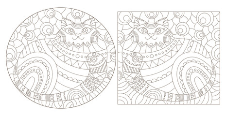 Set of outline illustrations in the style of stained glass with abstract cats , dark outlines on white background