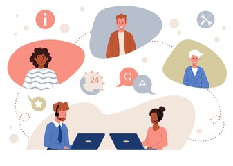 Customer support service concept. Customer service representatives communicate with customers via a hotline. Set of diverse multiracial male and female characters. Flat cartoon vector illustration
