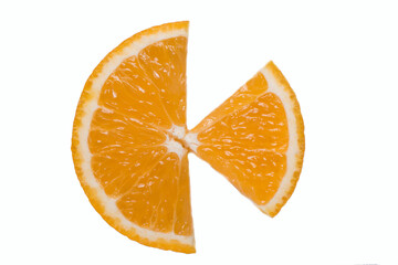 Slice of orange citrus fruit stand isolated on white background with clipping path. Full depth of field.