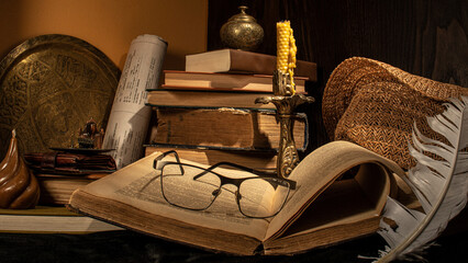 books and antiques on the table
