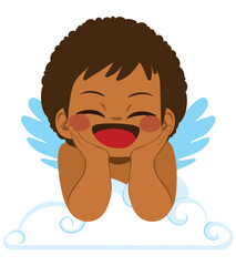 Isolated illustration of cute Black cupid smiling on white cloud