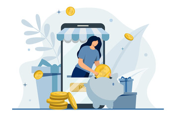 Cashback for purchase design concept.Cash flow.Piggy bank with coins.Online payment.Happy customer getting cash rewards from online shopping. Family budget planning.Save money.Bonus, loyalty program.