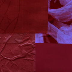 Red and brown torn paper collage close-up. Texture made from various paper and cardboard parts. Damaged old paper background. Vintage blank wallpaper. Material design backdrop.