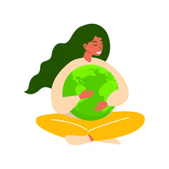Flat vector illustration of a woman embracing the planet Earth. World Earth Day. The concept of conservation, protection and reasonable consumption of natural resources.