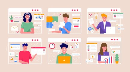 Concept of videoconference and online meeting workspace. Design template with business people taking with colleague for report, flyer, marketing, leaflet, advertising, brochure, modern style vector