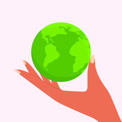 Flat vector illustration of hands holding the floating planet Earth. World Earth Day. The concept of conservation, protection and reasonable consumption of natural resources.