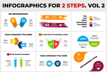 Infographics Pack for 2 options. Presentation templates. Covid-19 vaccine compare with two syringes. Medical face mask. 3D elements, arrows and brush strokes. 