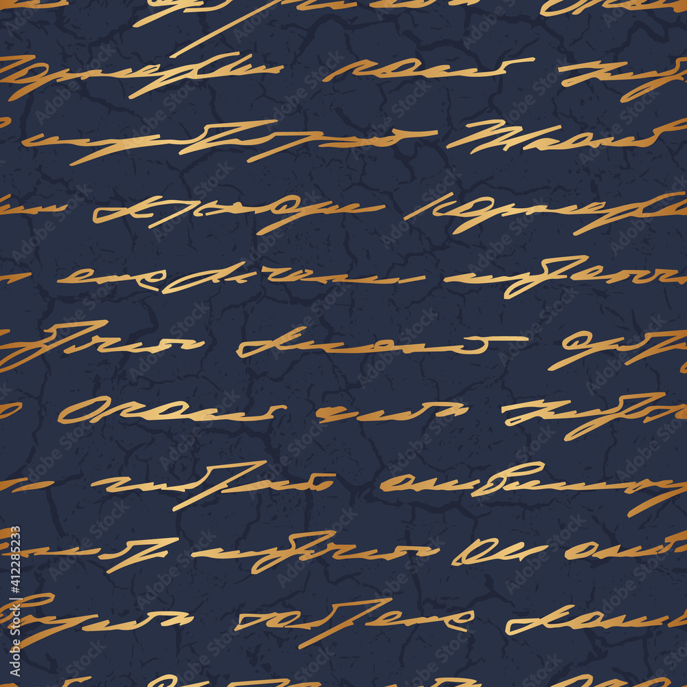 Poster handwriting gold seamless pattern. repeated scribble texture. cracks background. unreadable golden i