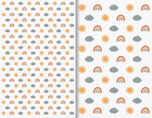 Beautiful pattern set of boho child design, rainbow sun cloud print, cute decoration, nice texture, abstract child collection, art, vector illustration