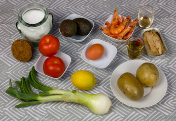 Obraz na płótnie Canvas Variety Mediterranean ingredients for cooking. Healthy food still life on grey background