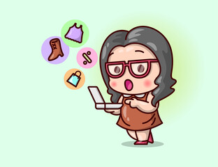 CUTE WOMAN WEARING GLASSES ARE SHOPPING ONLINE.