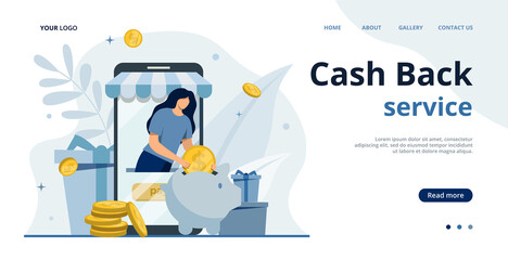 Cashback for purchase vector illustration.Earn money.Piggy bank with coins.Save money concept.Family budget planning.Happy Client get cash rewards from online shopping.Money refund.Currency exchange