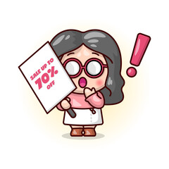 CUTE BLACK HAIR WEARING GLASSES BRINGS A DISCOUNT BANNER.
