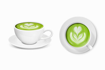 Vector 3d Realistic Ceramic White Coffee Mug, Cup and Saucer Isolated on White Background. Green Milk Matcha, Foam Flower, Heart Pattern. Design Template. Front and Top View